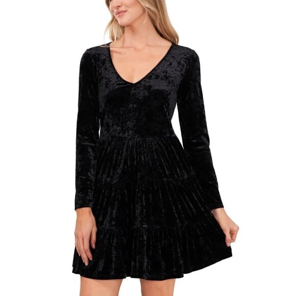 CECE Women's Black Crushed Velvet Tiered Long Sleeved Dress NWT - Picture 2 of 5